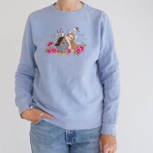 Vintage Basic Editions Blue Cat Birdhouse Embroidered Sweatshirt Cottagecore M